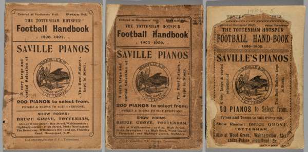 Tottenham Hotspur Football Handbooks for  1904-05, 1905-06 and 1906-07,
 the 05-05 lacking both wrappers; the 05-06 with both wrappers but they are de