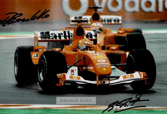 Michael Schumacher (Germany) and Rubens Barrichello (Brazil) Ferrari Legends dual signed metallic Ferrari 8 by 12in. photograph,
 Schumacher and Barri
