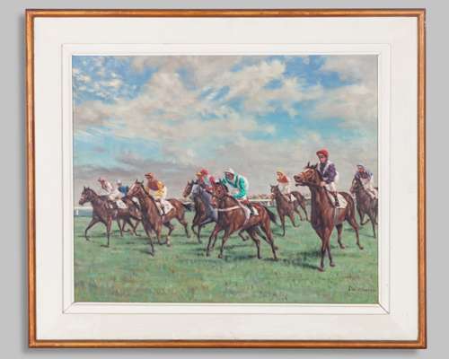 Oil painting by J W Warren (British, 20th century) of runners pulling up after a horse race