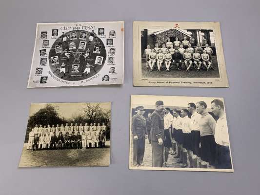 A Football League team-line up black and white photograph, 25 by 30cm, four Army related black and white photographs and 1948 Cup final photographed f