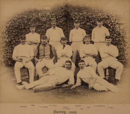 Original sepia toned photograph of the Surrey County cricket team who played at The Oval 3rd-5th August 1885,
 with printed legend, 10 by 11in. formal