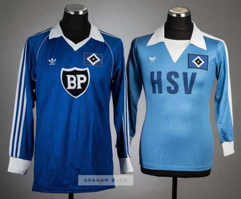 Two Hamburger SV football jersey's,
 comprising blue & white Hamburger SV no.9 third choice jersey, season 1980-81, long-sleeved with club crest badge