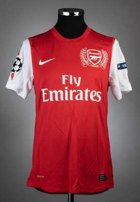 Theo Walcott red and white Arsenal UEFA Champions League no.14 home jersey, season 2011-12,
 match issue, short-sleeved with UEFA STARBALL and RESPECT