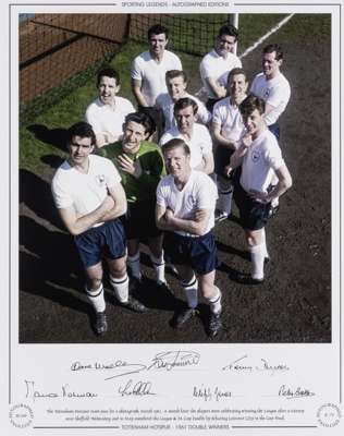 Sporting Legends Tottenham Hotspur 1961 Double Winners signed colour photographic print,
 featuring eleven of Tottenham Hotspur team in front of goal 