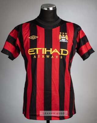 Stefan Savic red and black striped Manchester City No.15 away jersey from the World Football Challenge v Club America played at AT&T Park, San Francis