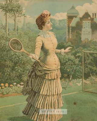 A fine large and original chromolithograph image of a young girl playing tennis, 
 image measures 44 by 35cm., framed and glazed 61 by 51cm., together