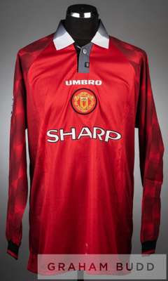 Eric Cantona red and white Manchester United no.7 home jersey v  Borussia Dortmund in the UEFA Champions League Semi-Final second leg at Old Trafford 