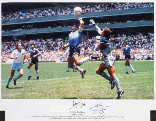 Peter Shilton and Diego Maradona signed 1986 World Cup "Hand of God" photographic print,
 coloured print signed in black marker pen by both footballer