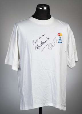 A official souvenir Euro 96 white t-shirt signed by the footballing legends Bobby Charlton and Pele,
 signatures in black marker pen, the Charlton aut