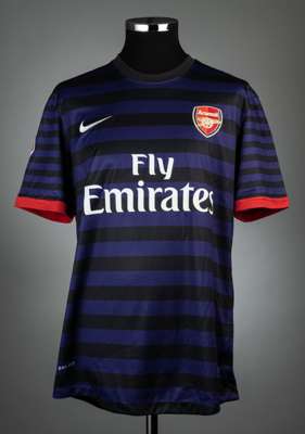 Olivier Giroud purple & black hooped Arsenal no.12 jersey v Malaysia XI, played at Kuala Lumpur, 24th July 2012,
 match issue, Nike, short-sleeved wit