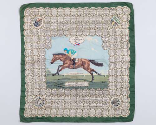 Ladies silk scarf commemorating Pinza's win in the 1953 ‘Coronation’ Derby