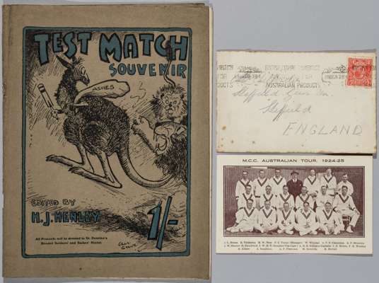Ashes Test Match souvenir programme 1921, edited by H J Henley, 
 32-page programme with pictorial cover of a lion and kangaroo; sold together with a 