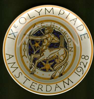 A polychrome Delftware plate commemorating the 1928 Amsterdam Olympic Games, featuring Chiron, the superlative centaur from Greek mythology, and legen