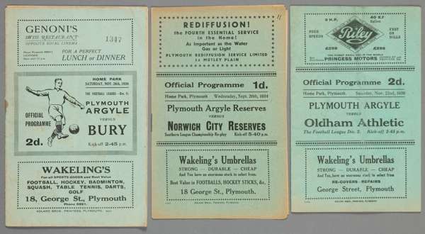 Three Plymouth Argyle 1930s home programmes,

two F.L. Division Two matches v Oldham Athletic 22nd November 1930 and Bury 26th November 1938; together