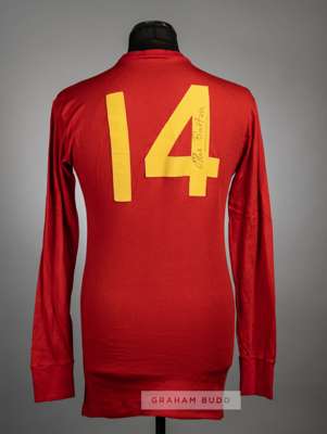 Ollie Burton signed red Wales No.14 home jersey, circa 1970s,
 long-sleeved, reverse numbered 14, signed in black marker pen

 Alwyn Derek Burton (b.1
