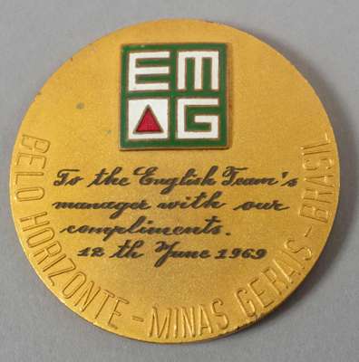 A medal presented to Sir Alf Ramsey on the occasion of the Brazil v England international 12th June 1969,
 cased, inscribed TO THE ENGLISH TEAM'S MANA