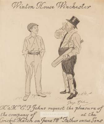 George Belcher RA (British, 1875-1947) original artwork for the invitation to Fathers versus Sons cricket match at Winchester on 18th June.
 Pencil an