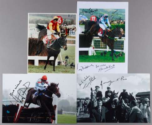 Collection of signed photographs of famous national hunt moments and stars,
 signed in black marker pen, majority 10 by 8in., including Tommy Stack, G