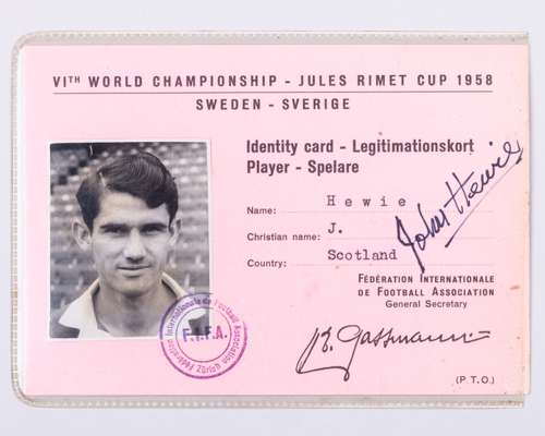 John Hewie an official 1958 Sweden World Cup Identity Card