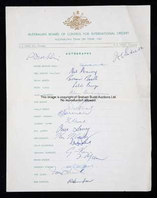 Cricket autographs, including official autograph sheets for the Australian touring teams