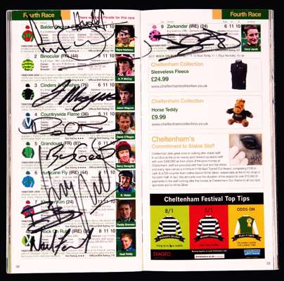 A collection of five signed Champion Hurdle racecards, i) 2007 (Sublimity) signed by all the competing jockeys and additionally by Bob Champion & Mich
