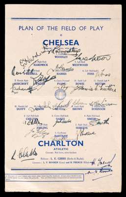 Fully-signed Chelsea v Charlton Football League (South) War Cup Final programme played at Wembley 15th April 1944, signatures in ink on the line-up pa