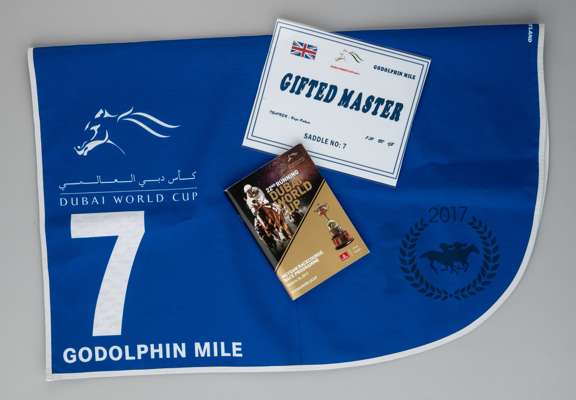 2017 Dubai World Cup meeting Godolphin Mile morning exercise number cloth for Hugo Palmer's runner Gifted Master,
 by Hyland Sportswear, royal blue wi