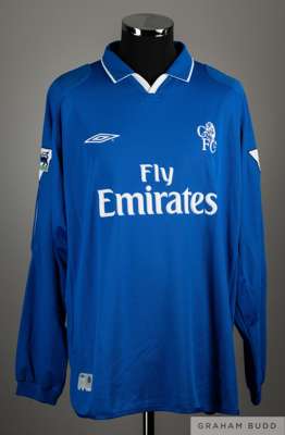 Marcel Desailly blue and white No.6 Chelsea long-sleeved shirt, 2002-03, 
 Umbro, XXL, with v-neck collar and embroidered badge inscribed CFC, the rev
