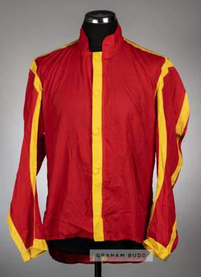 Richard Johnson winning jockey silks, 
 red with yellow seamed jacket bearing ALLERTON & CO makers neck label

 These silks were worn by Richard Johns