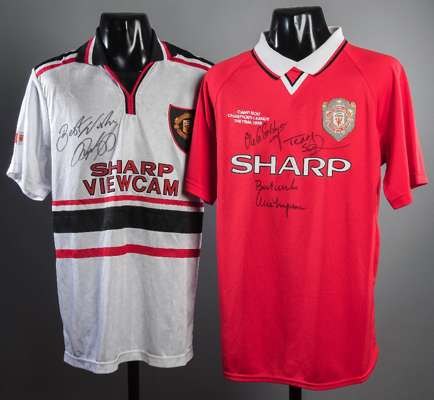 Manchester United 1999 Champions League Final replica jersey signed by Sir Alex Ferguson and the goalscorers Teddy Sheringham and Ole Gunnar Solskjaer