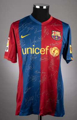 Samuel Eto'o squad-signed red & blue FC Barcelona No.9 home jersey circa 2006,
 short-sleeved, LFP & TV3 sleeve badges, the reverse lettered ETO'O, 24