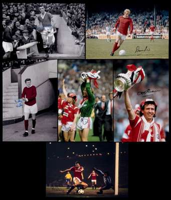 Autographed Manchester United football photographs, 52 in total, all featuring former Manchester United players from the 1950s - 1990s, all measuring 