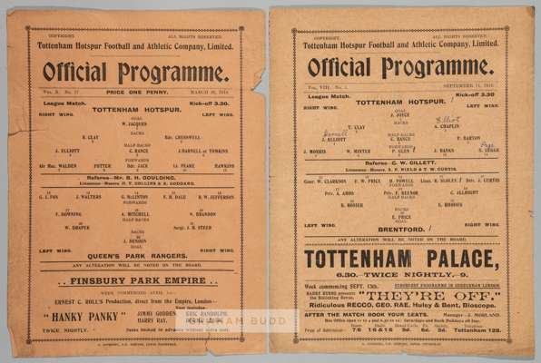 Two Tottenham Hotspur wartime match programmes v Brentford and v Queen's Park Rangers, 
 comprising v Brentford 11th September 1915 and v Queen's Park