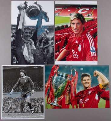 Signed photographs of Liverpool FC legends and stars,
 including Steven Gerrard, Fernando Torres, Kenny Dalglish, Jamie Carragher, Jerzy Dudek, Jamie 