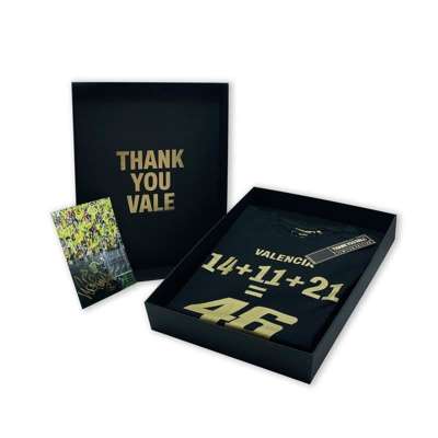 Valentino Rossi signed VR46 Valencia 2021 Limited Edition Gold Box T-Shirt,
 exclusive box in a limited edition inspired by the Valencia GP and that p
