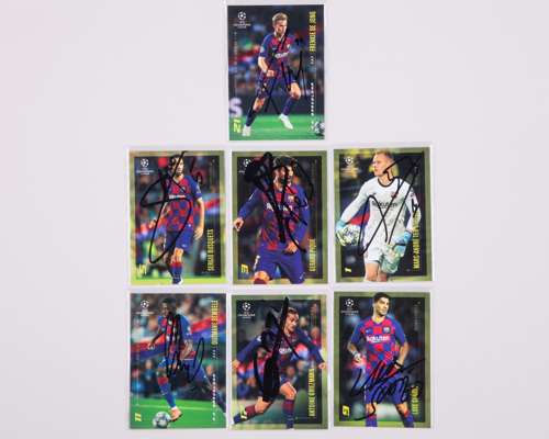 Seven autographed Barcelona Topps Champions League player trading cards, 2020
