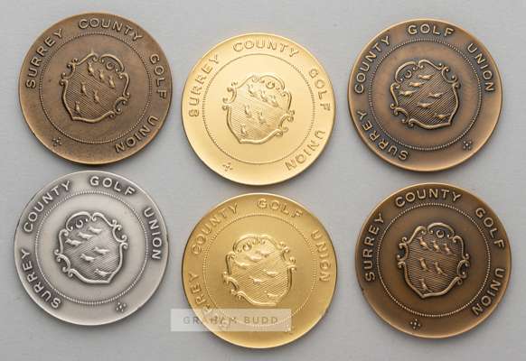 Six Surrey County Championship medals awarded to the golfer Tom Haliburton 
 each obverse with  SURREY COUNTY GOLF UNION and country crest and reverse