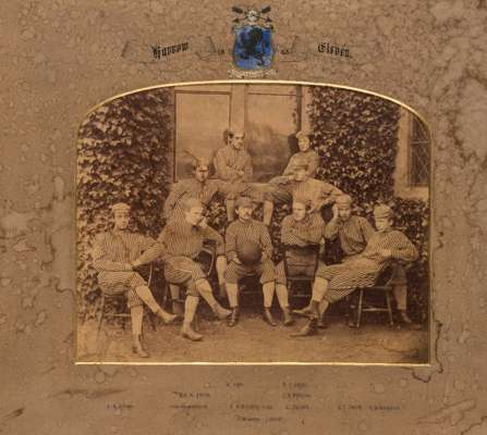 A very early original football photograph of the Harrow School team in 1868, in original mount with title and player legends, one player is marked ''a