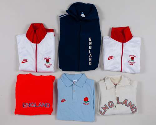 Two white and red England Athletics Team tracksuit tops