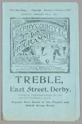 Derby County v Everton programme 25th February 1911,
 F.A. Cup Third Round tie, discolouration and stains to page edges, pages seem to be stuck down t