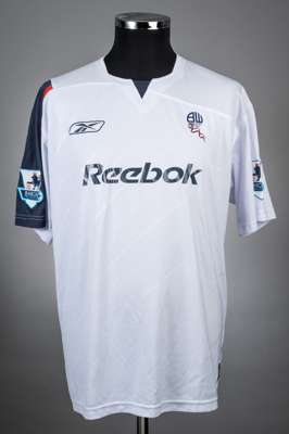 Stelios Giannakopoulos white No.7 Bolton Wanderers short-sleeved jersey, 2005,07, 
 Reebok, L, with crew-neck collar and printed badge, the reverse le