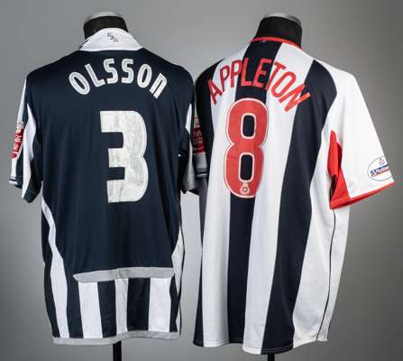 Two signed West Bromwich Albion football jerseys,
 comprising Michael Appleton team signed no.8 home jersey, season 2003-04, Diadora, short-sleeved wi