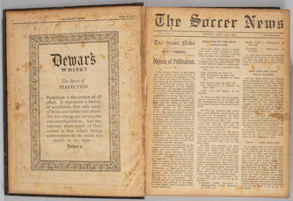 Soccer News Australia 1922-23 bound volume of programmes,
 consisting of vol.1 no.1 to 21 and vol.2 no.1 to 25, published weekly in Sydney, 46 issues 