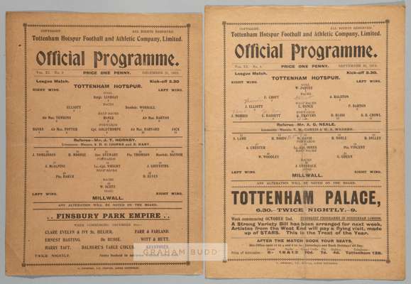 Two Tottenham Hotspur wartime match programmes v Millwall, 
 comprising v Millwall 30th September 1916 and v Millwall 21st December 1918, each single 