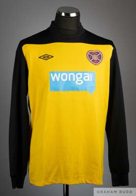 Jamie MacDonald yellow and black No.30 Hearts v. Tottenham Hotspur Europa League match worn goalkeepers shirt, 2011-12, 
 Umbro, L, with crew-neck col