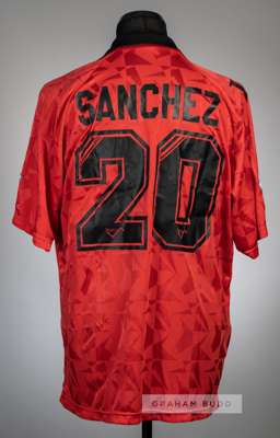 Lawrie Sanchez signed red Wimbledon no.20 away jersey, season 1993-94,
 Ribero, short-sleeved with THE FA PREMIER LEAGUE sleeve badges, club crest and