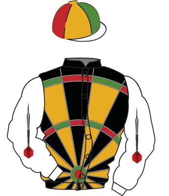 The British Horseracing Authority Sale of Racing Colours: BLACK, YELLOW, GREEN & RED dartboard, WHITE sleeves, RED darts, RED, YELLOW, GREEN & BLACK q