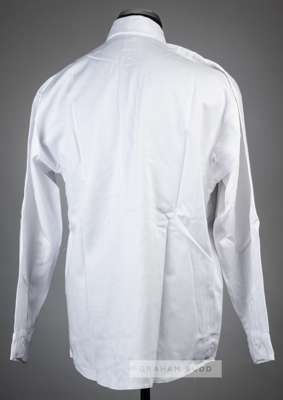 Tom Finney & Nat Lofthouse signed white England retro jersey,
 Toffs, signed in black marker pen, with Sporting Legends COA