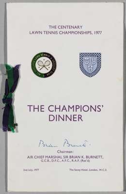 Signed The Centenary Lawn Tennis Championships 'The Champions Dinner' menu, held at The Savoy Hotel on 2nd July 1977, 
 multi-signed on front and reve