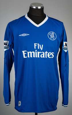 Eiour Gudjohnsen blue Chelsea no.22 home jersey, season 2003-04,
 Umbro, player issued long-sleeved with BARCLAYS PREMIERSHIP sleeve badges, embroider